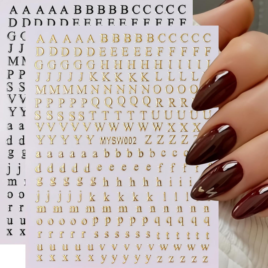 12 Sheets Alphabet Nail Art Stickers - 3D Self-Adhesive English Letter Decals
