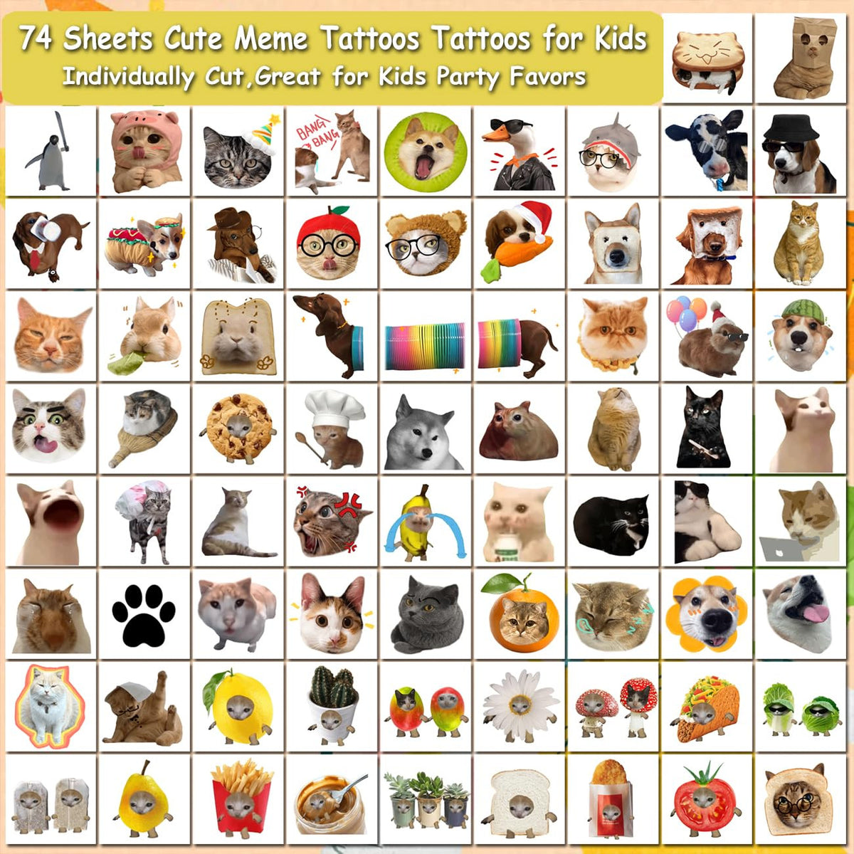 Temporary Tattoo Set - 74 Cat & Dog Meme Sheets for Kids (Kid Safe, Removable)