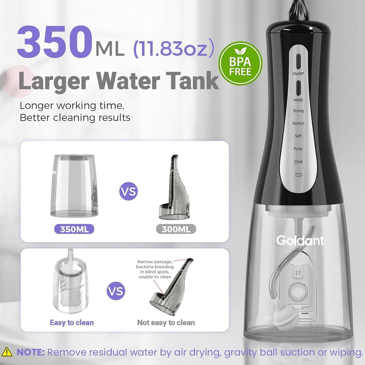Cordless Water Dental Flosser with 5 Modes & 350ML Tank - Portable Oral Care
