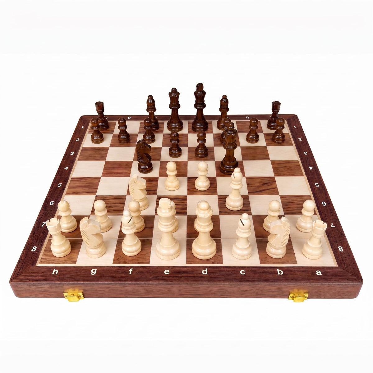 15-Inch Folding Walnut Chess Set with Storage and Travel Case