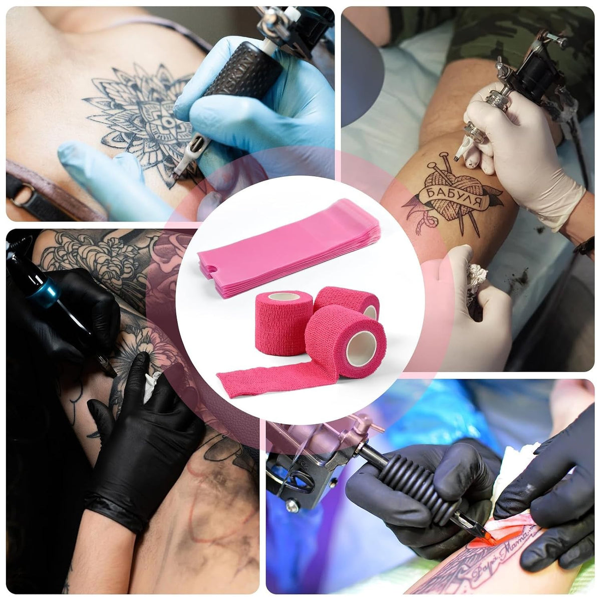 Pink Tattoo Pen Covers & Grip Tapes Set – 200 Pcs, Waterproof 2" Covers & 2"x5yd Grips