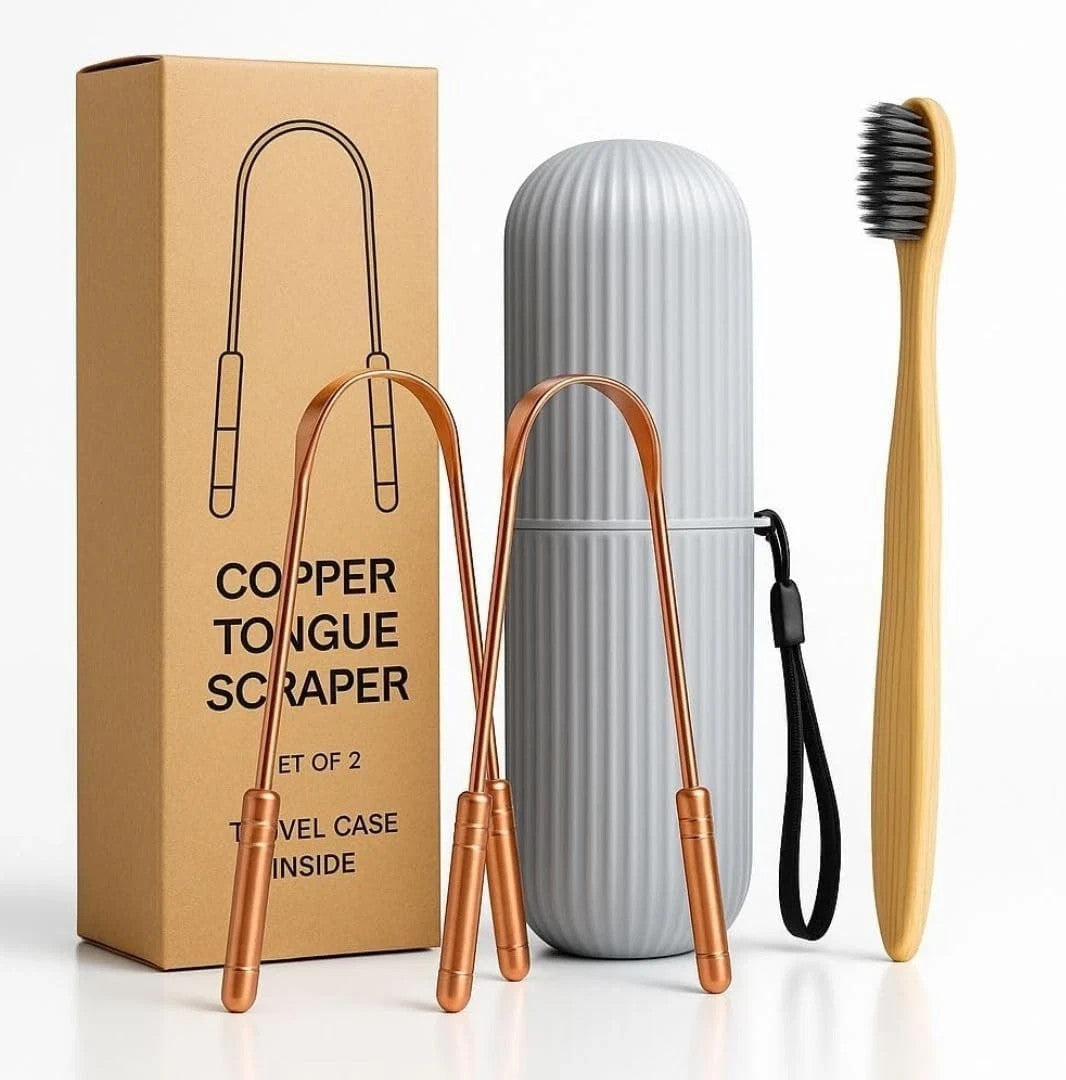 Copper Tongue Scraper Set with Bamboo Toothbrush - Natural Oral Care Kit