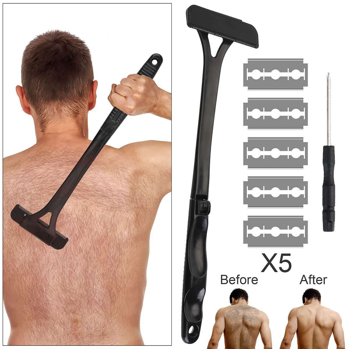 Back Hair Removal Shaver with Long Handle, 3-Blade Body Groomer Set