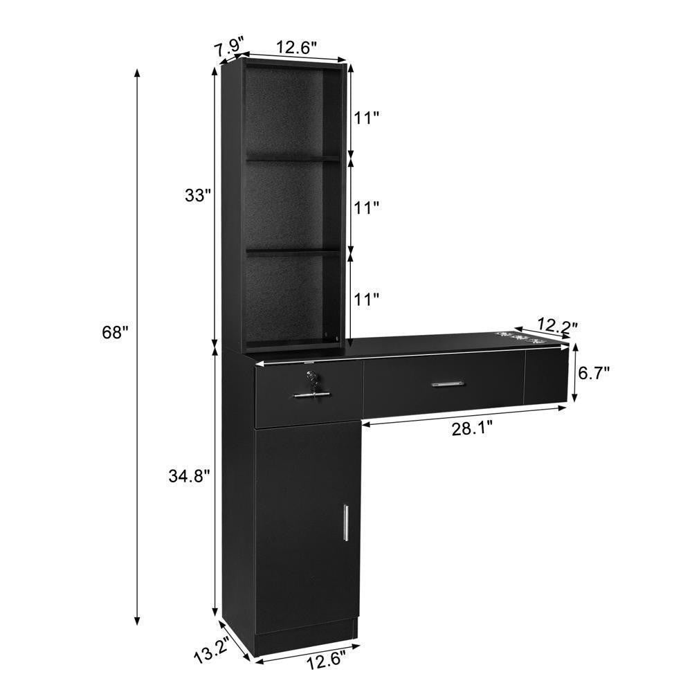 Wall Mount Hair Styling Salon Station with Locking Drawers and Shelves