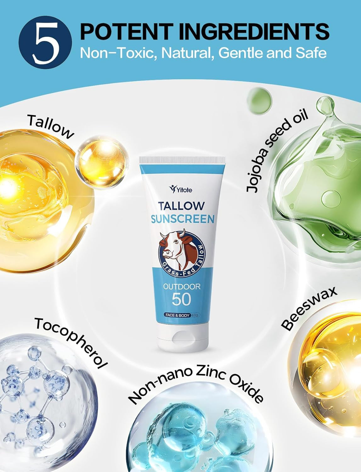 Organic Mineral Sunscreen SPF 50 with Grass-Fed Beef Tallow - Natural, Water-Resistant Face & Body Sun Block