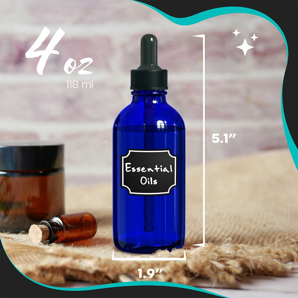 4 oz Cobalt Blue Glass Dropper Bottles Set with Labels for Tinctures & Serums