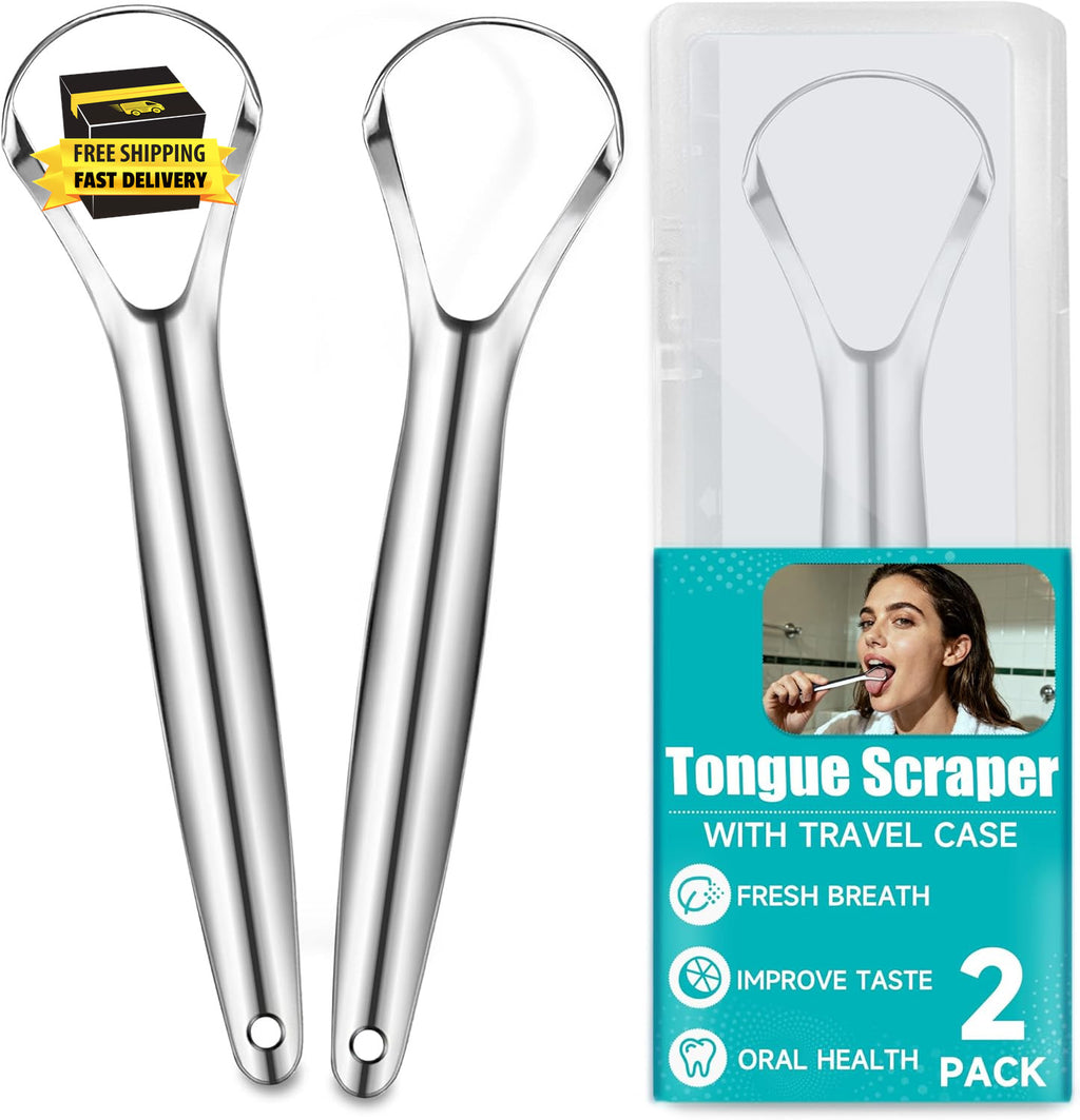 Stainless Steel Tongue Scraper Set with Travel Case - Reusable Oral Hygiene Tool
