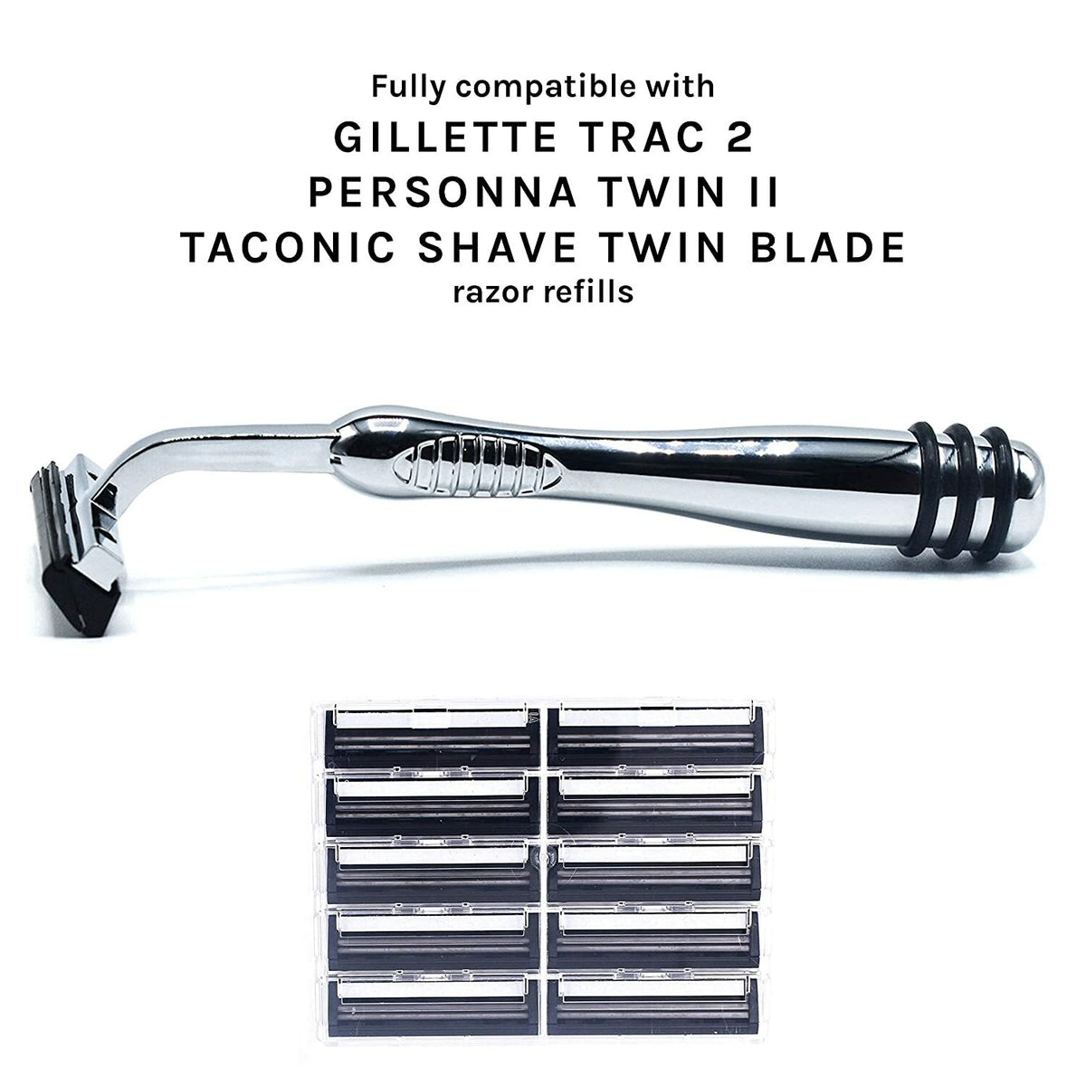All Metal Trac II Compatible Razor & 10 Twin Blades - Brass Handle