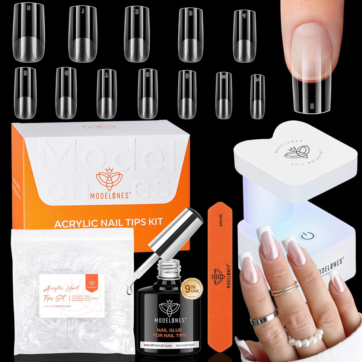 Nail Gel Kit with UV Light, 216 Pieces, 12 Sizes, Nail Glue & Tips