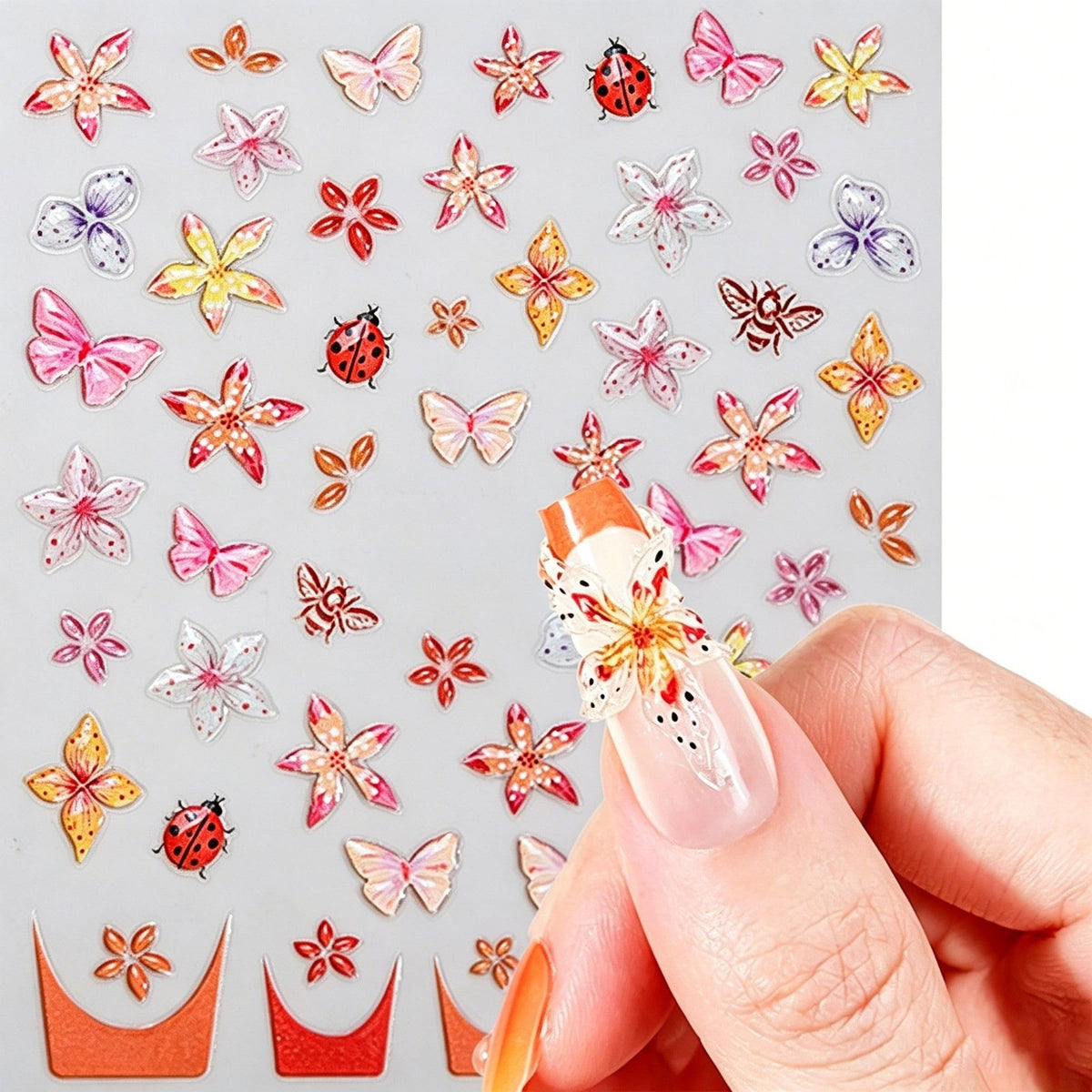3 Sheets 5D Tropical Floral Nail Art Stickers with Tweezers - Embossed Design