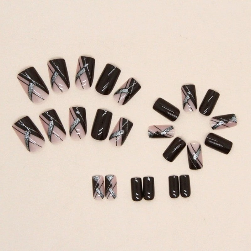 48Pcs Geometric Press-On Nails Medium Square Burgundy Red with Silver Accents
