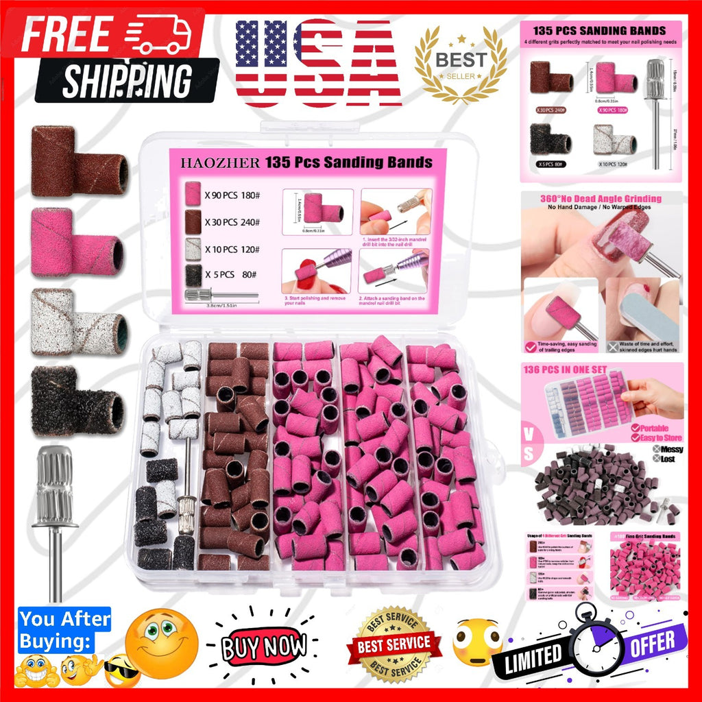 135 Pcs Nail Drill Bits Sanding Bands Set for Manicure & Pedicure