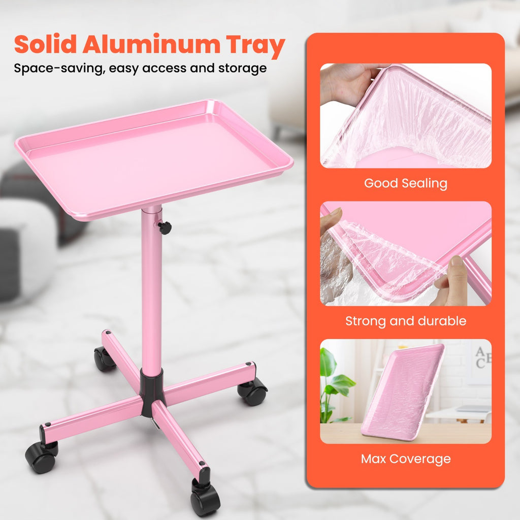 Adjustable Salon Trolley Cart on Wheels Pink Aluminum Mobile Service Tray