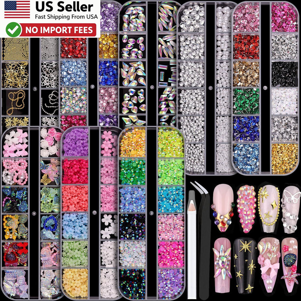 Nail Charms and Gems Kit with Pearls Flowers & Bows - 8 Boxes for Manicure