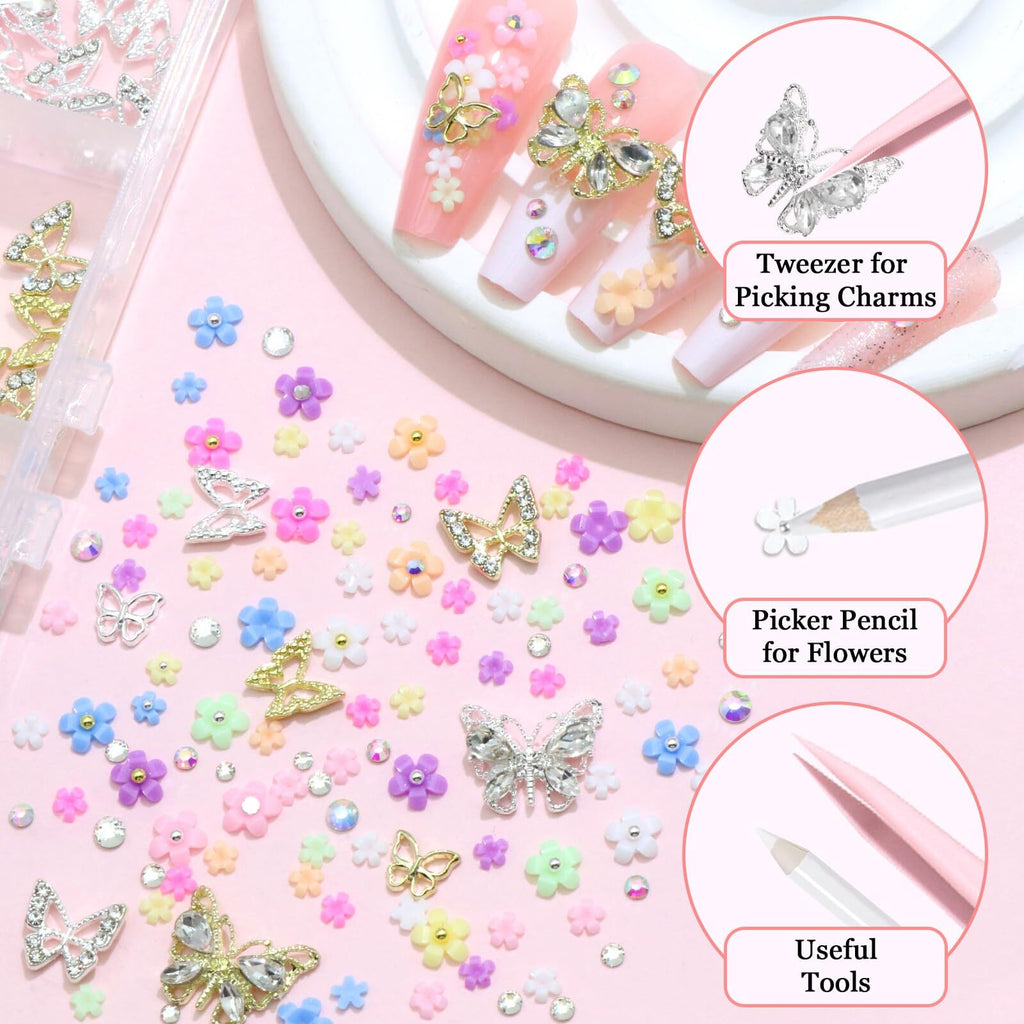 Colorful 3D Flower Nail Charms with Butterfly Accents for Nails Art