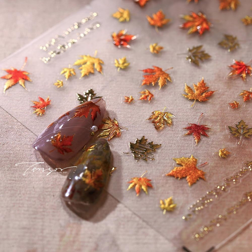 Fall Nail Stickers - 5D Autumn Maple Leaf Nail Decals for DIY Art