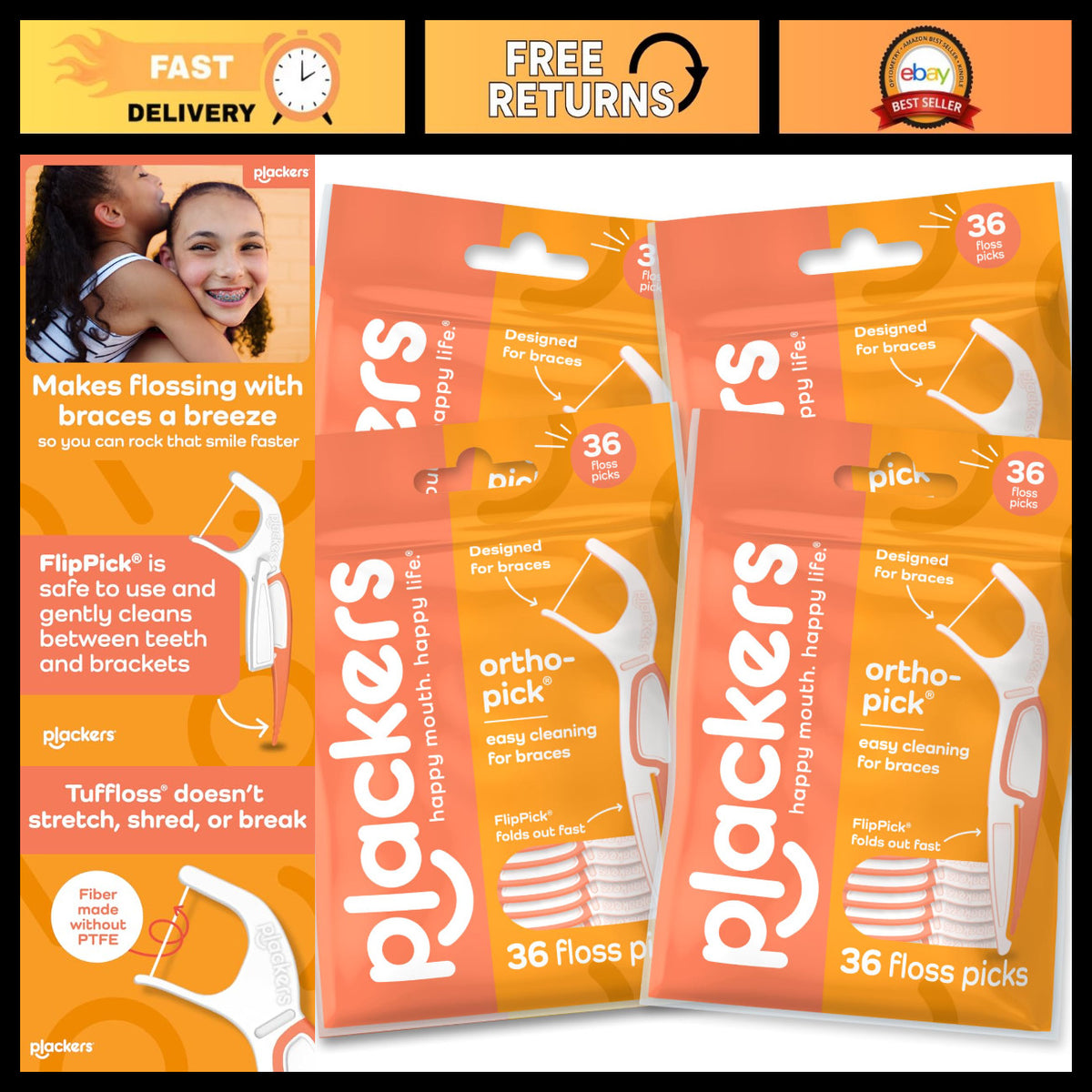 Dental Floss Picks for Braces - Pack of 36, 4-Count, Orthodontic Oral Care Tool