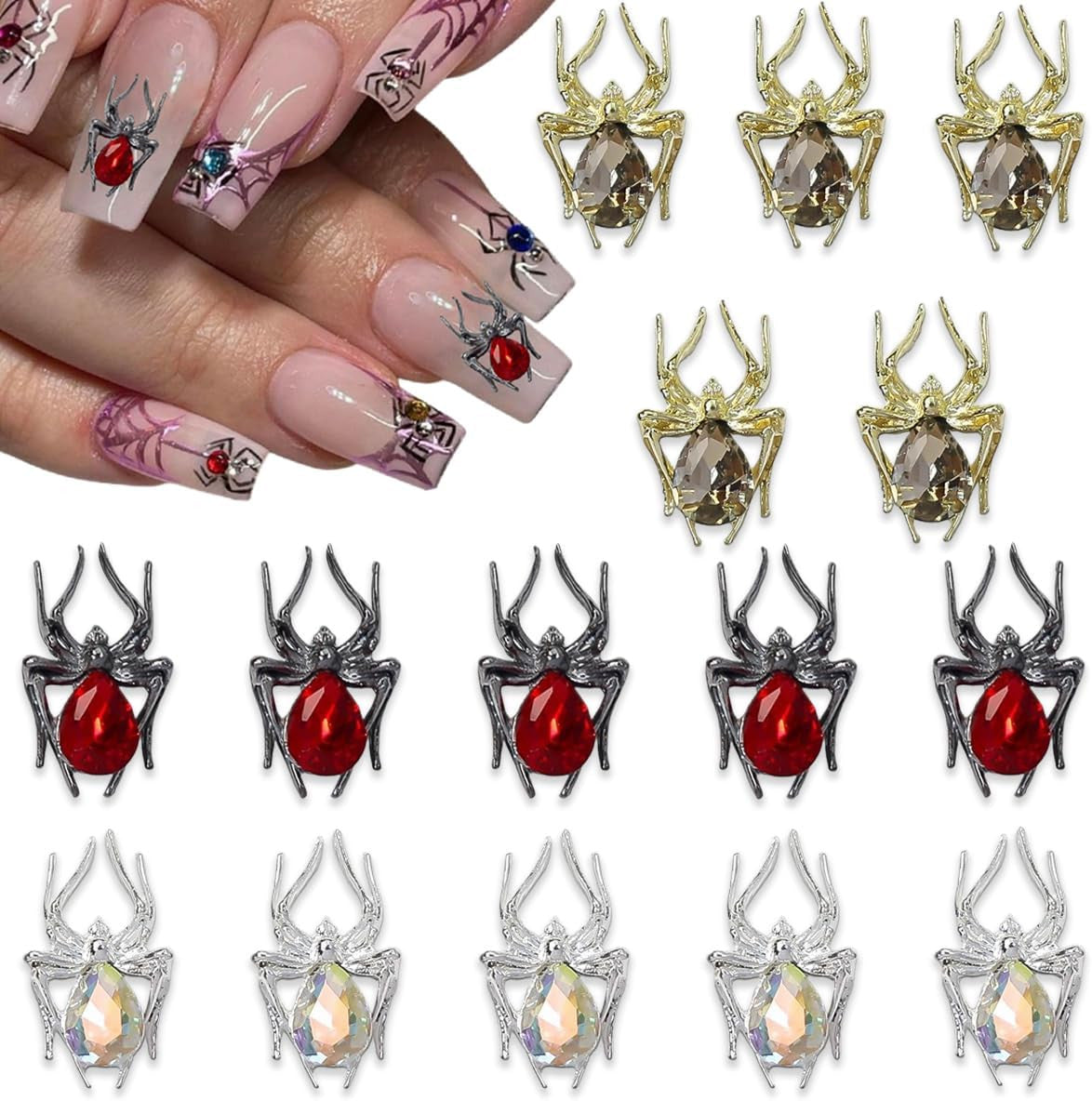 Halloween Nail Charms 15Pcs Metal Spider Rhinestones for Acrylic Nails