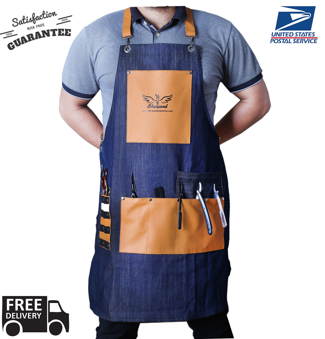 Denim Barber Apron Waterproof Men’s Hairdresser Apron with Pockets