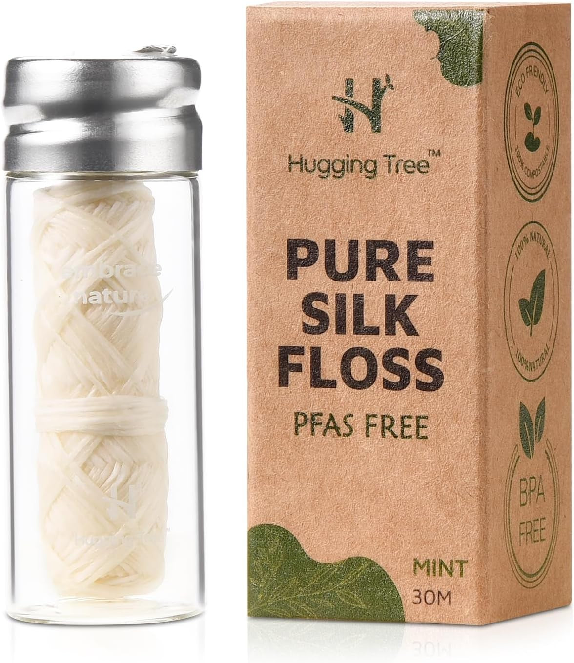 Natural Silk Dental Floss with Reusable Glass Dispenser - Eco-Friendly, Biodegradable, Zero Waste