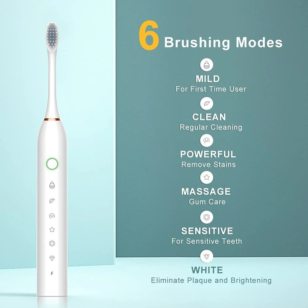 Electric Toothbrush with 6 Modes, USB Rechargeable, Soft Bristles, 8 Heads