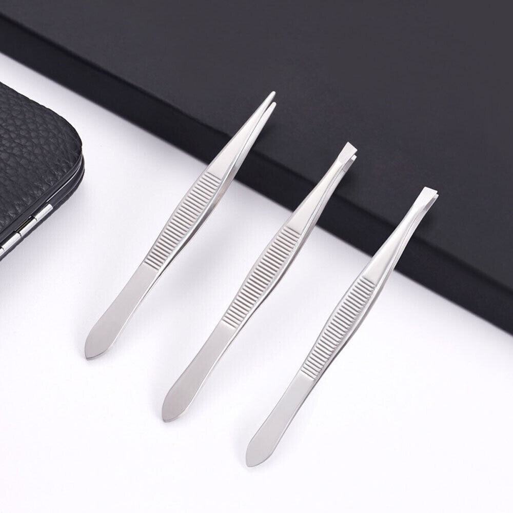 3-Piece Stainless Steel Eyebrow Tweezer Set - Precision Slant, Flat & Pointed Tips