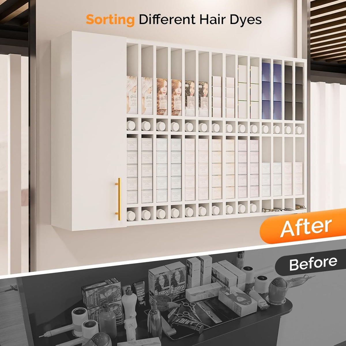 Wall-Mounted Hair Color Organizer with Adjustable Shelves for Salon Storage