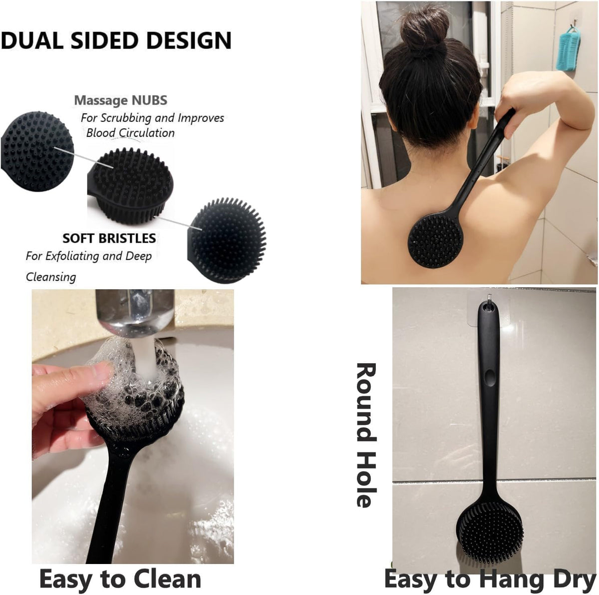 Silicone Back Scrubber Long Handle Shower Body Brush for Men & Women