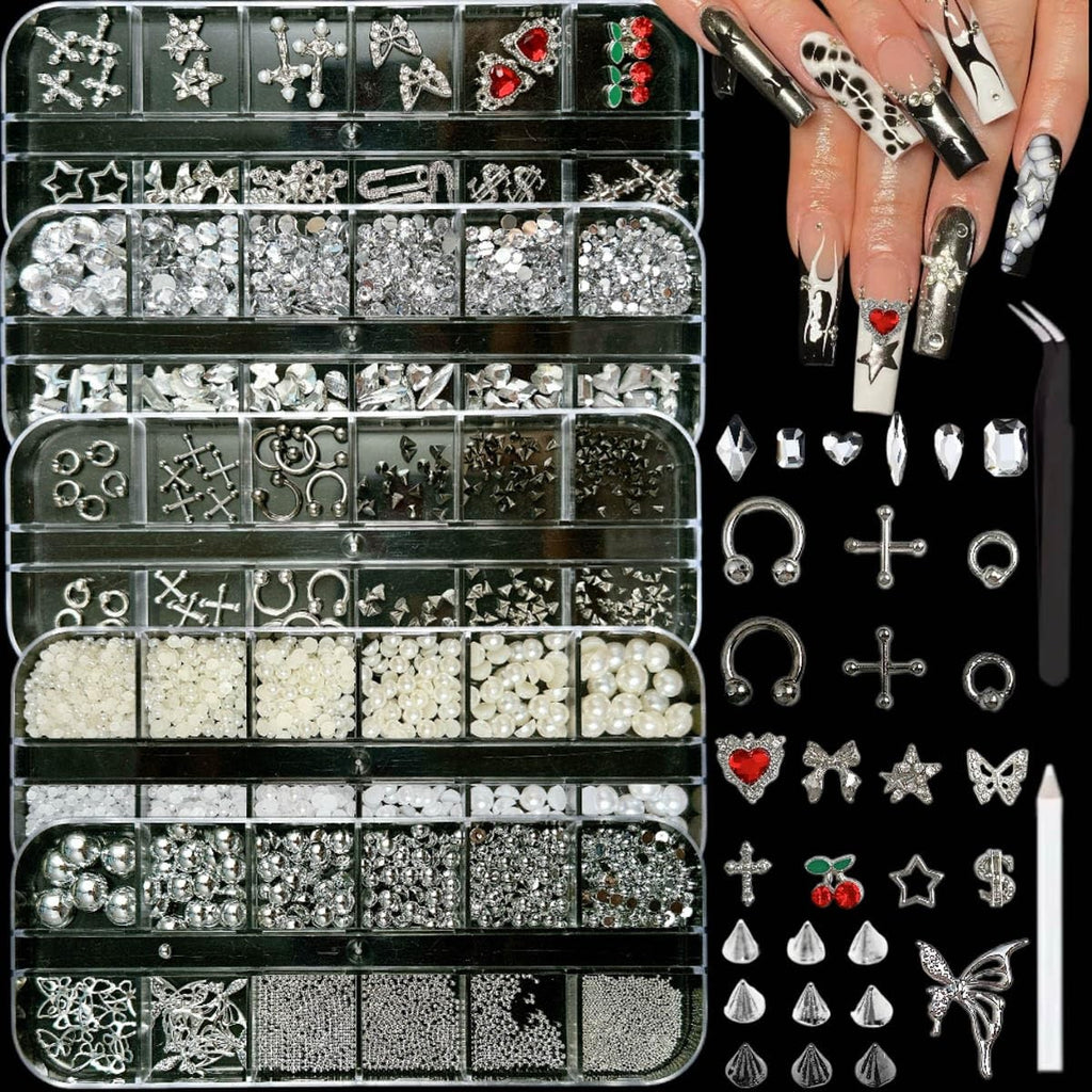 Silver Nail Art Decorations Kit with Imitation Diamonds and 3D Accessories