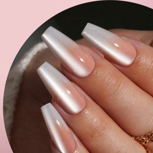 Medium Coffin Cat Eye Peach Ombre Nail Tips Set with Glue & File