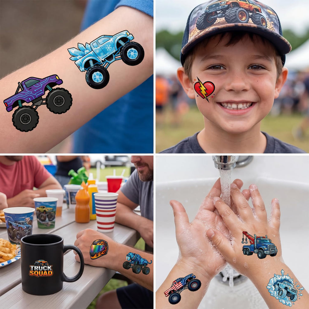 Monster Truck Temporary Tattoos for Kids Age 4-7 – Pre-Cut, No Scissors Needed