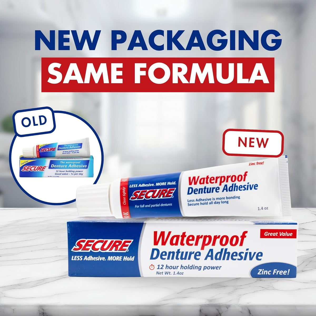 Waterproof Denture Adhesive - Zinc-Free, Extra Strong Hold for Upper & Lower Dentures