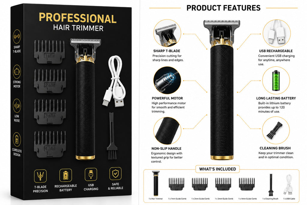 Cordless Hair Trimmer Kit with T-Blade and 4 Guide Combs — Rechargeable Grooming Set