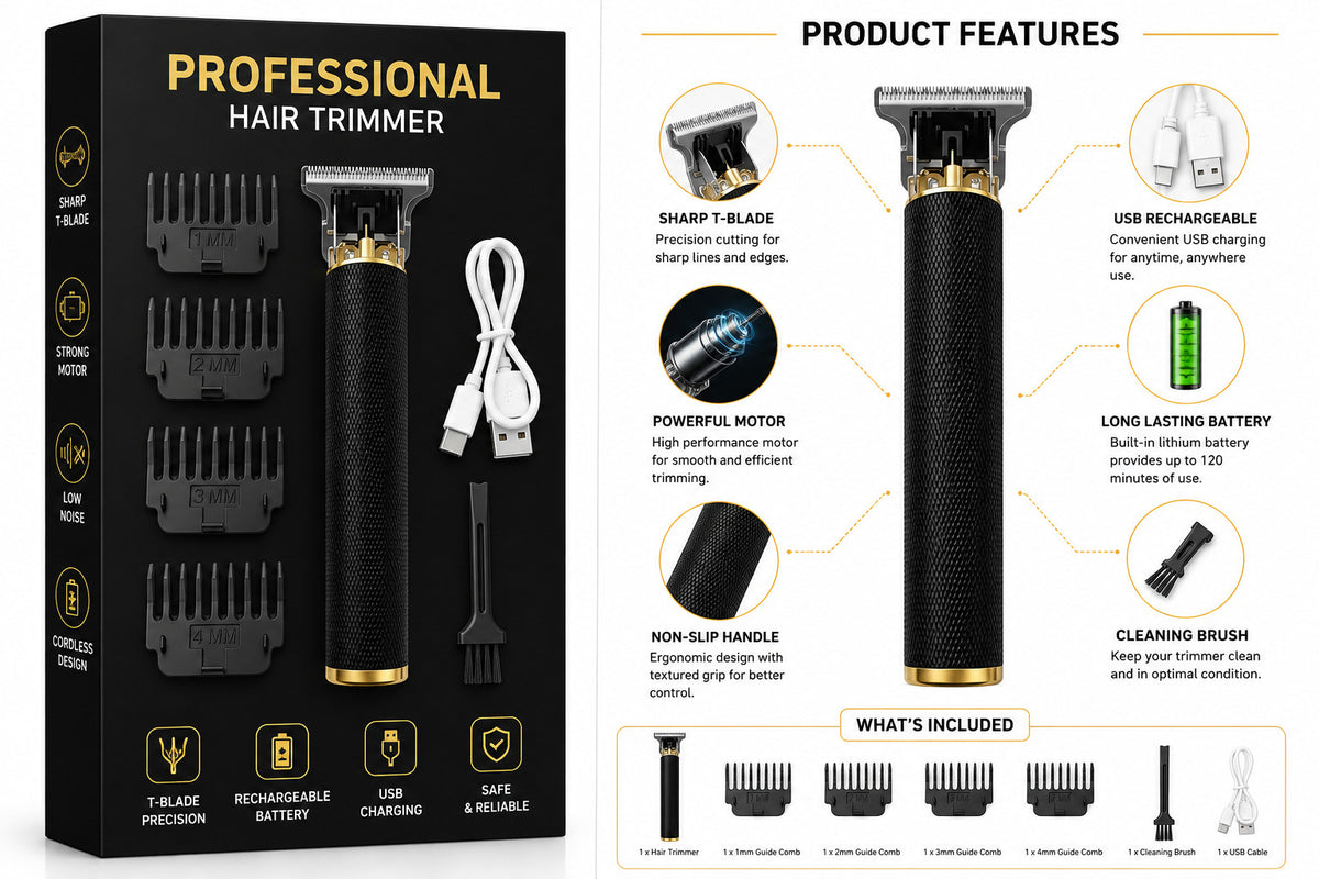 Cordless Hair Trimmer Kit with T-Blade and 4 Guide Combs — Rechargeable Grooming Set