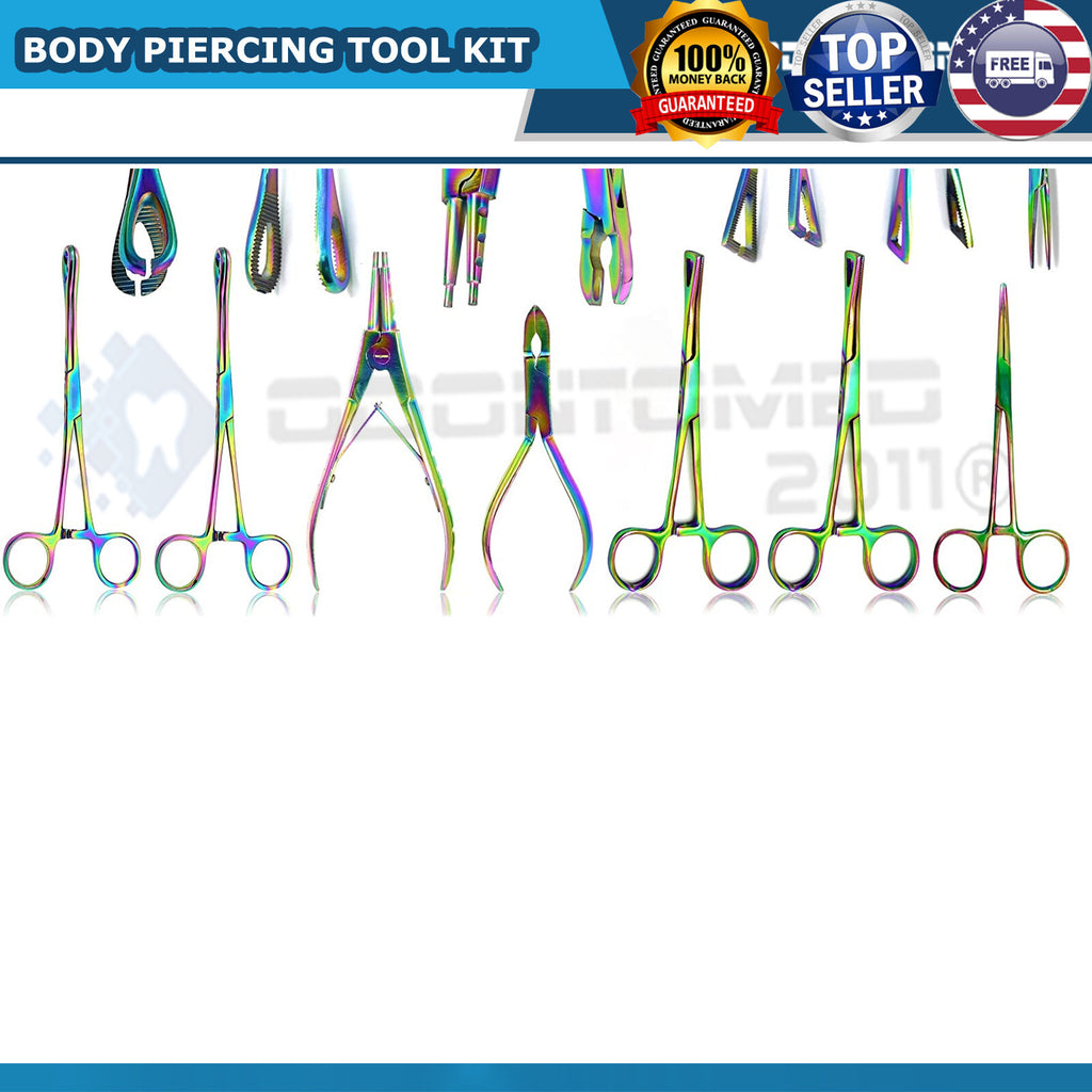 Professional 7-Piece Body Piercing Instruments Kit with Pennington Forceps - Rainbow