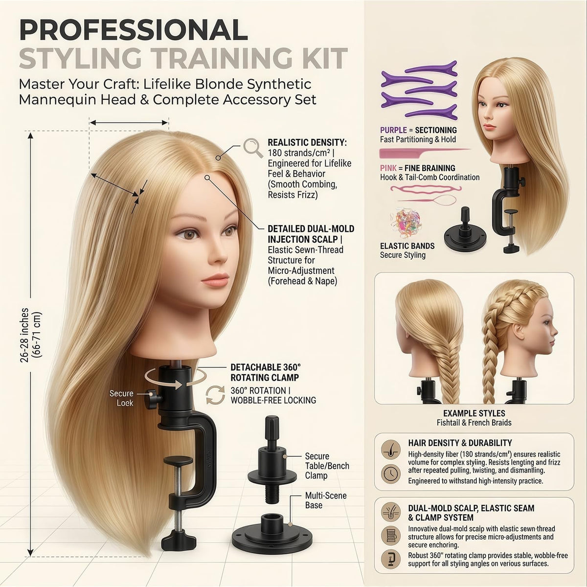 26 Inch Human Hair Mannequin Head for Hair Styling Practice and Braiding
