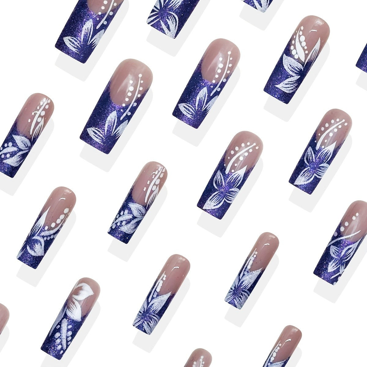 48Pcs Deep Purple Gradient Fake Nail Set with Handpainted Flower Design