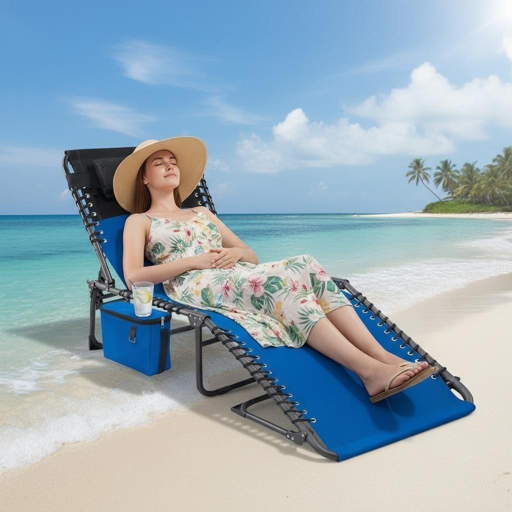 Outdoor Chaise Lounge Chairs with Adjustable Backrest & Side Pocket - Foldable, Heavy Duty Steel Frame