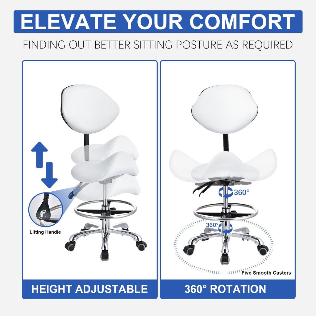 Adjustable PU Leather Bar Stool with Wheels & Backrest - White