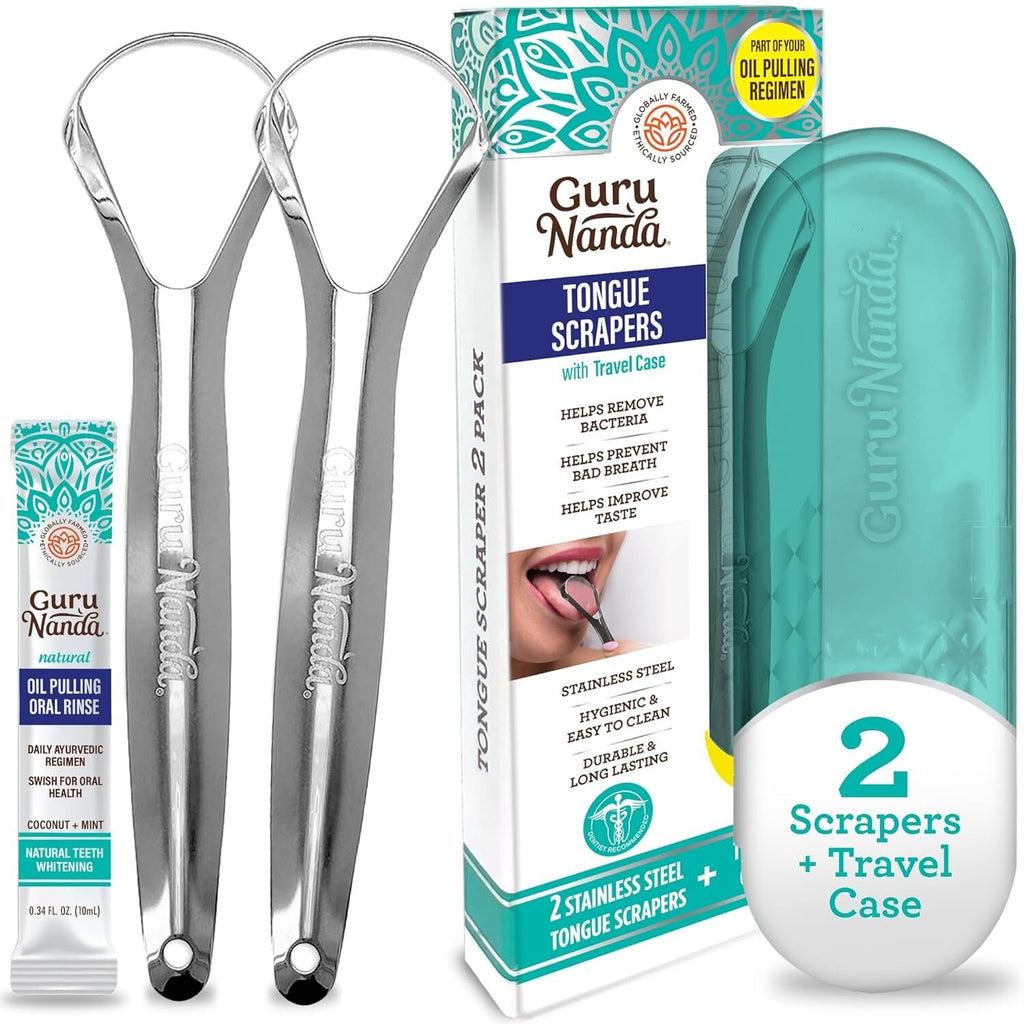 Stainless Steel Tongue Scraper 2 Pack with Travel Case - Oral Hygiene Tool