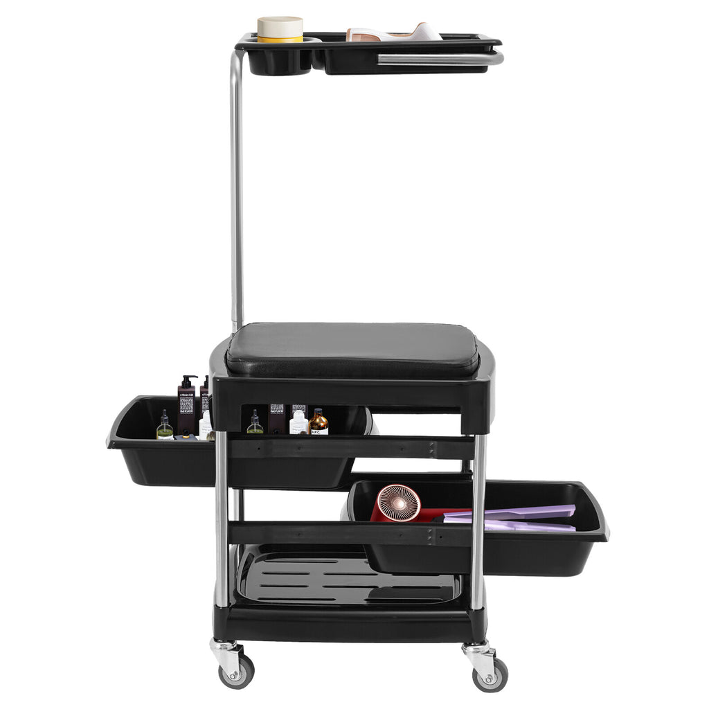 Salon Hair Tool Cart with Seat and 3 Tiers, Rolling Storage Trolley, Black