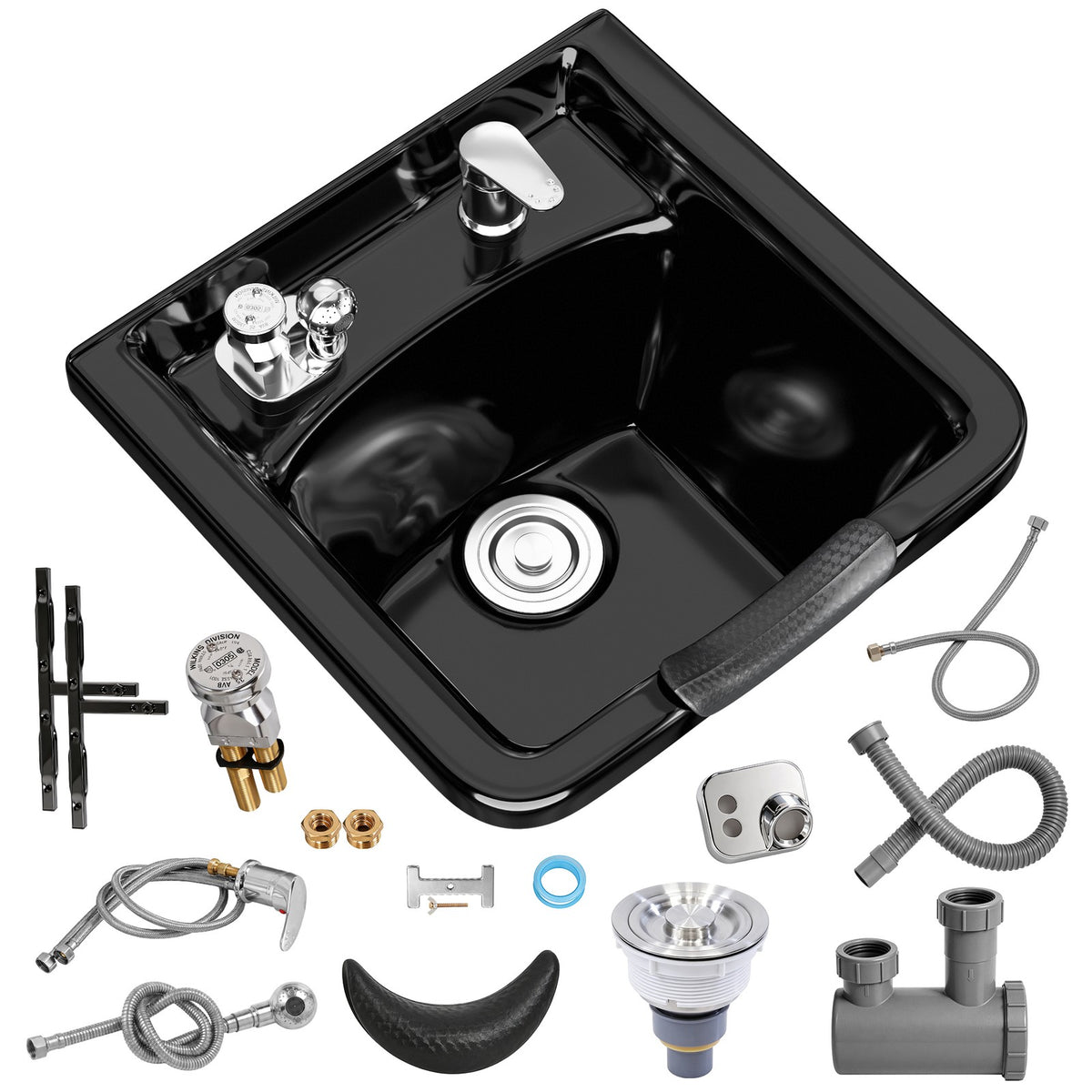 Wall Mount Shampoo Sink with Neck Rest and Accessories - Black ABS Basin