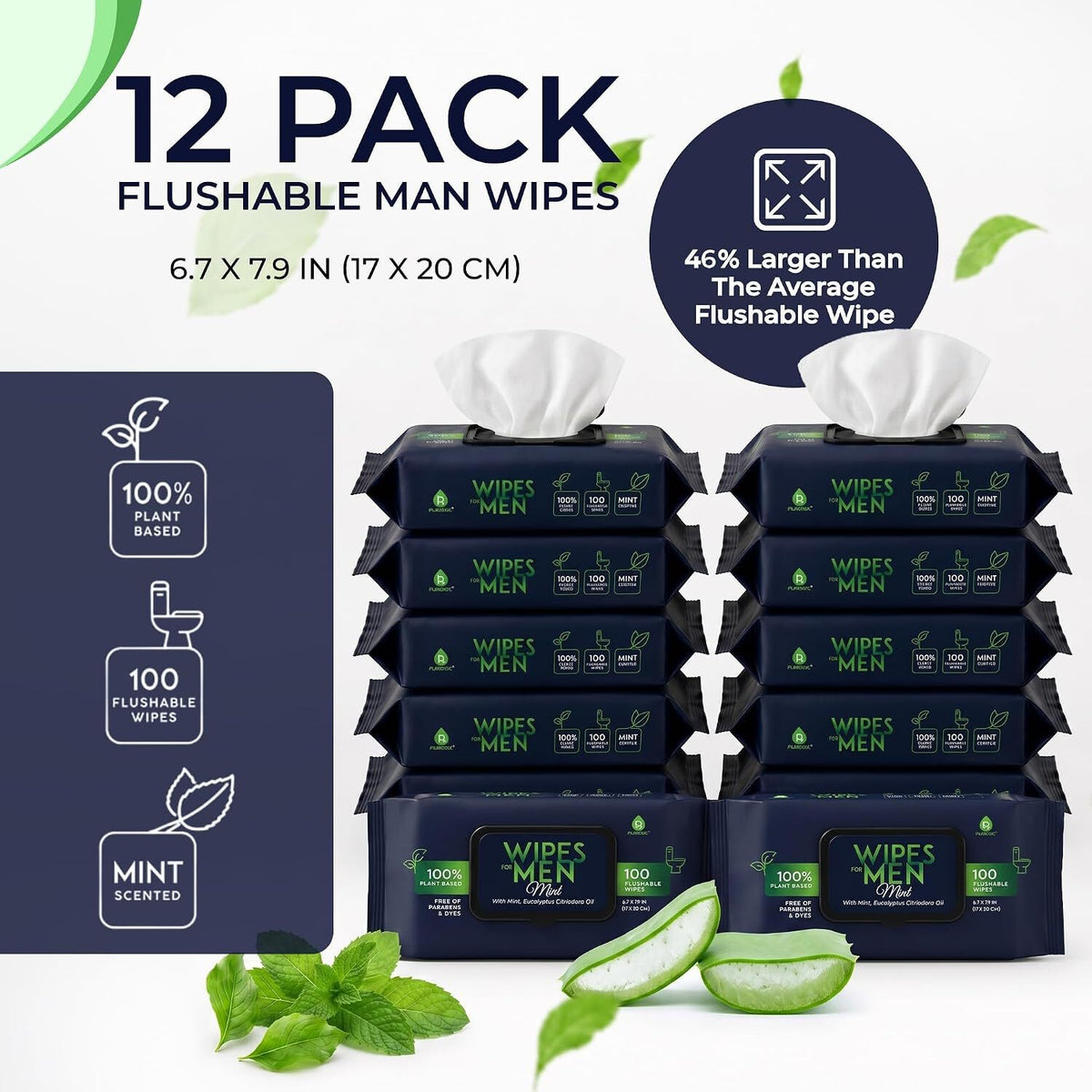 Flushable Man Wipes - Extra Large Mint Scented, 1200 Pack, Biodegradable & Skin-Friendly