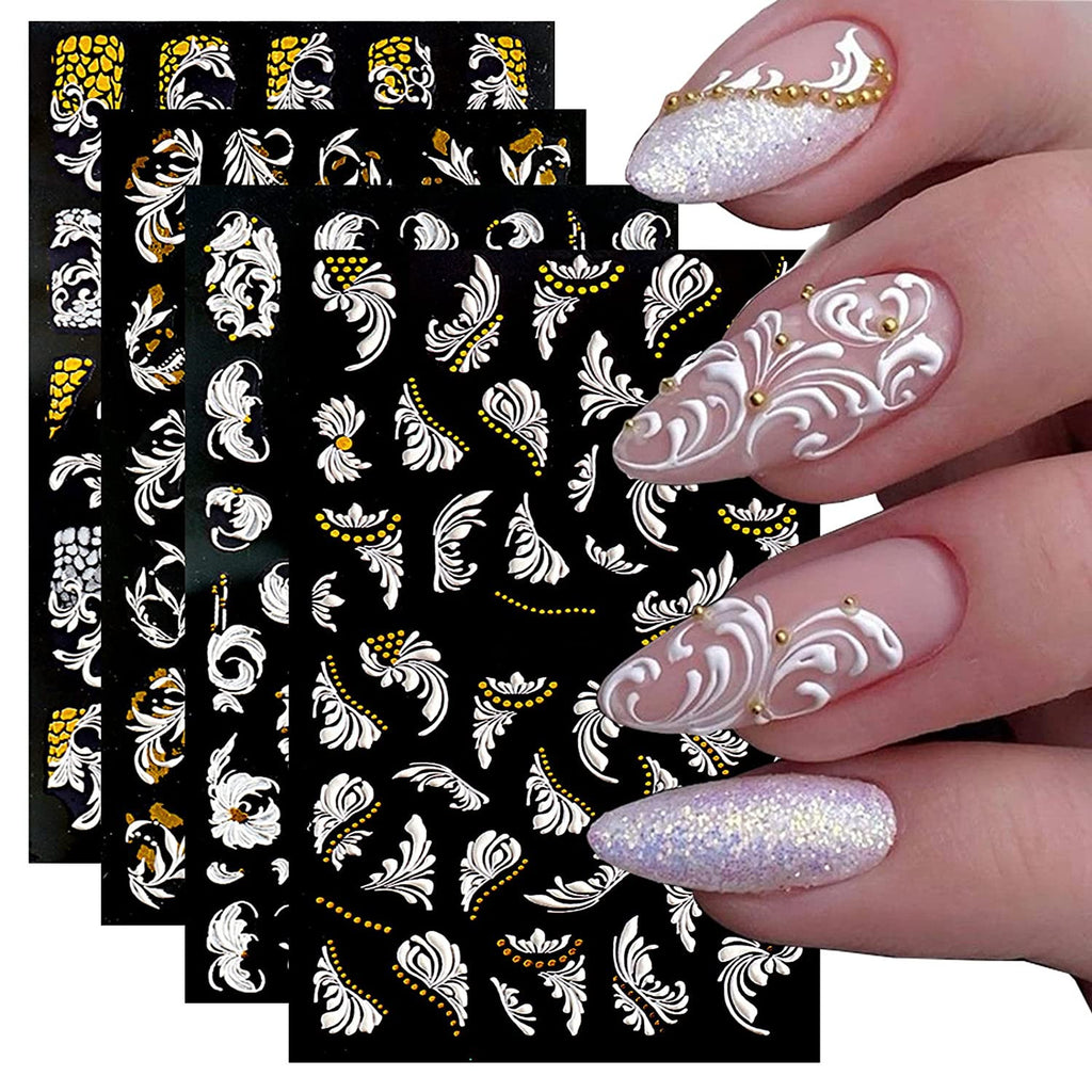5D Embossed Nail Stickers White Rose Flower Decals for Nail Art and Decor