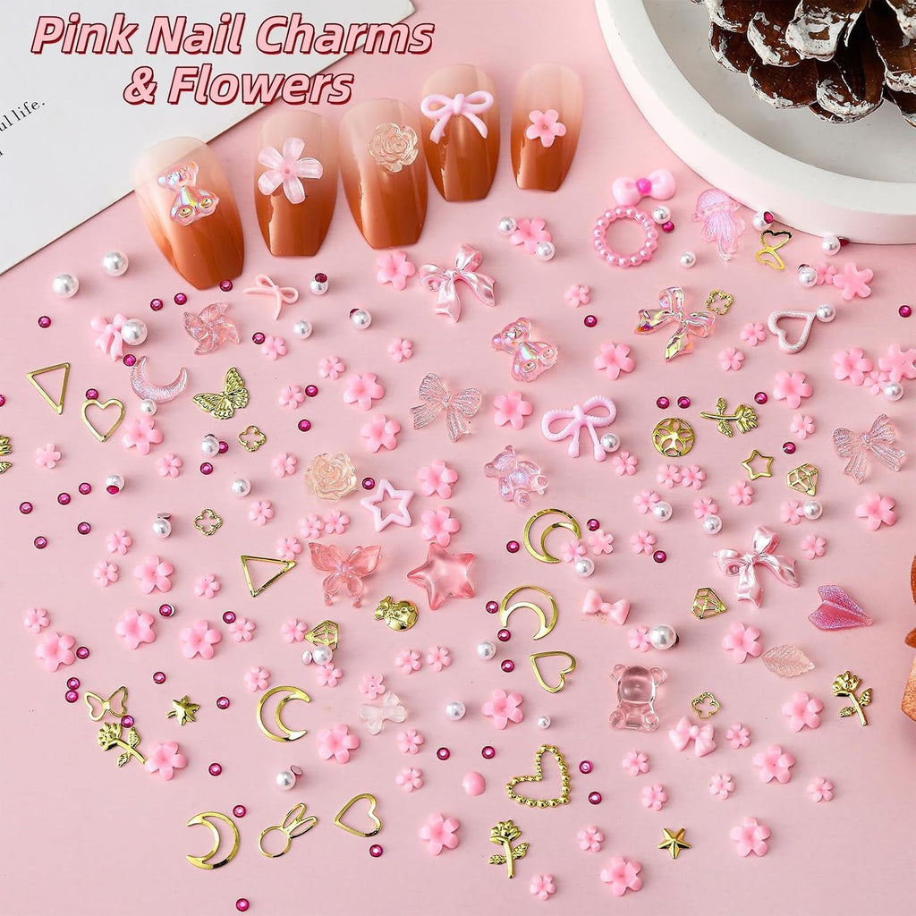 8000Pcs Nail Charms and Gems Set for Nail Art DIY Crafts - Butterfly, Star, Moon, Flowers, Bows, Gold Finish