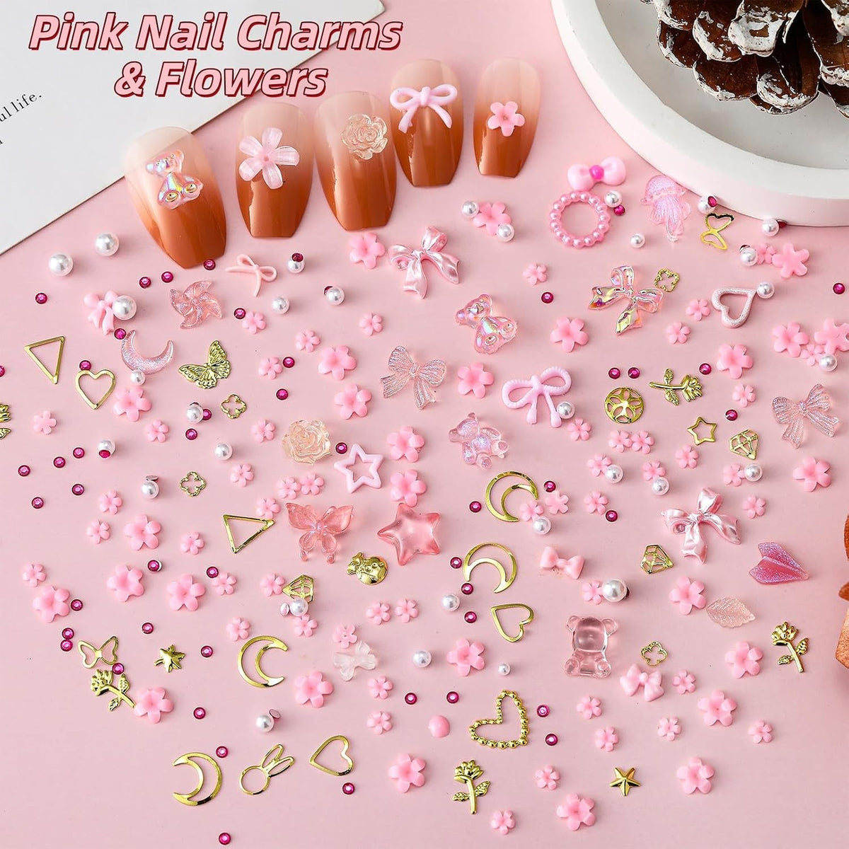 8000Pcs Nail Charms and Gems Set for Nail Art DIY Crafts - Butterfly, Star, Moon, Flowers, Bows, Gold Finish
