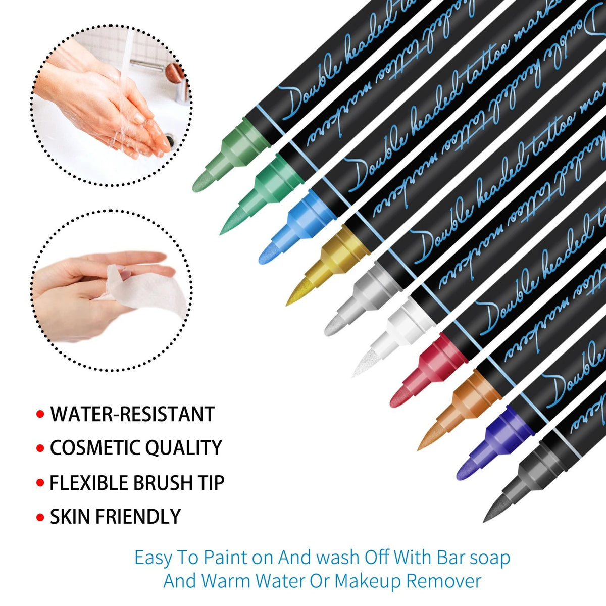 Dual-Tip Temporary Tattoo Marker Set – 10 Skin-Safe Body Art Pens