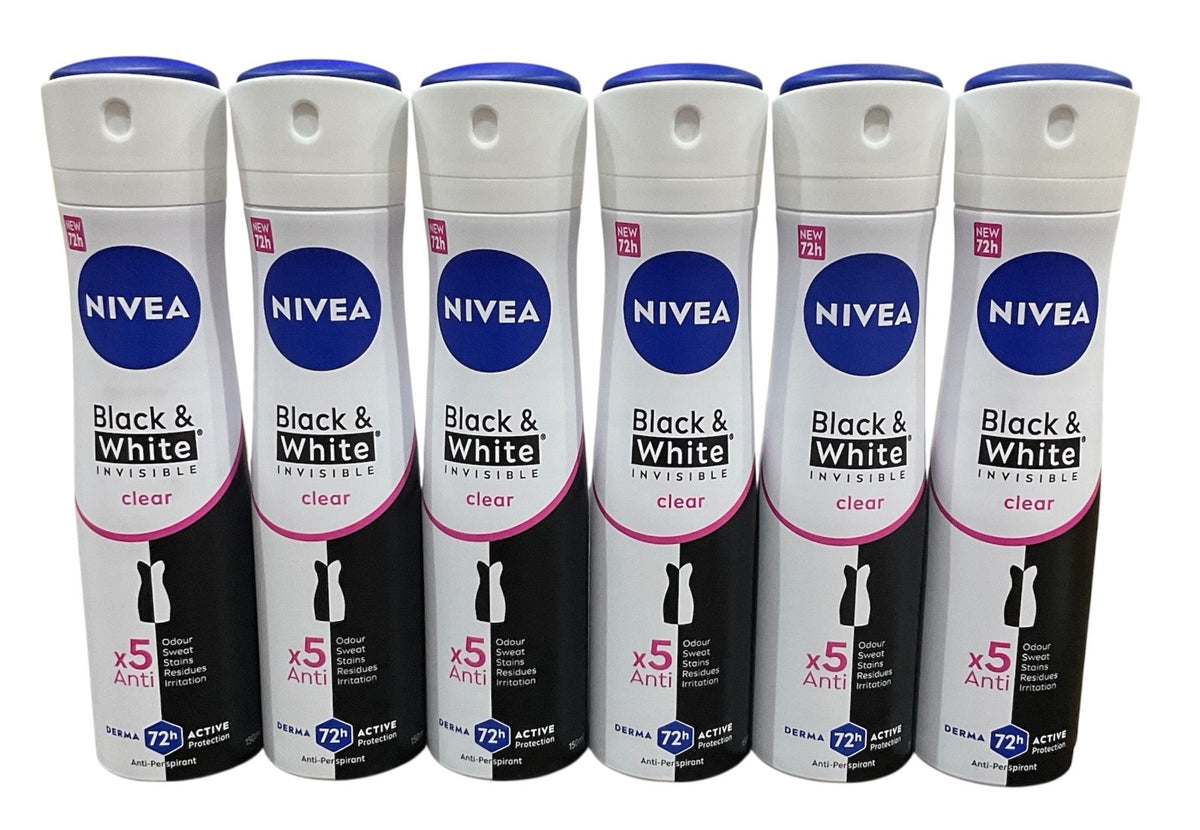 NIVEA Black & White Invisible Clear Anti-Perspirant Deodorant Spray 72H 6-Pack
