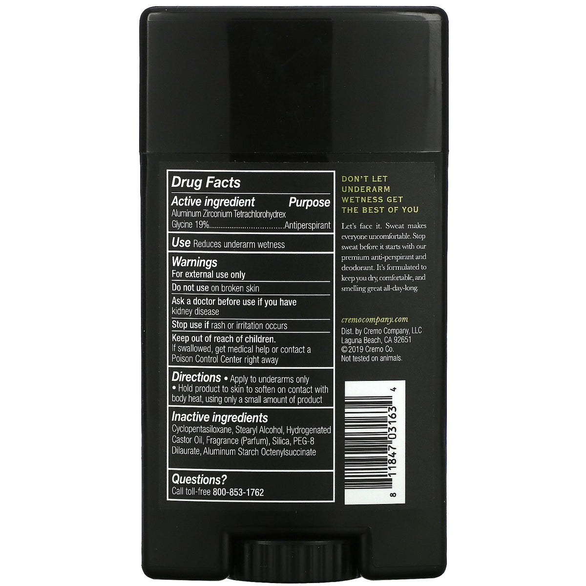 Cremo No. 13 Reserve Blend Anti-Perspirant & Deodorant 2.66 oz - Long Lasting Fresh Scent