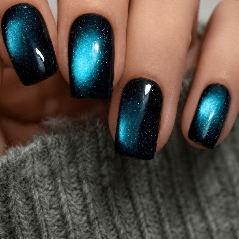 48 Pcs Blue Galaxy Cat Eye Short Square Fake Nails - Press-On Manicure
